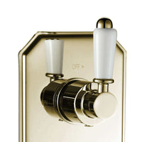 Regent traditional crosshead and white lever concealed thermostatic twin shower valve with 1 outlet - English gold - Showers