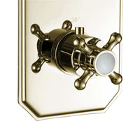 Regent traditional crosshead and white lever concealed thermostatic twin shower valve with 2 outlets - English gold - Showers