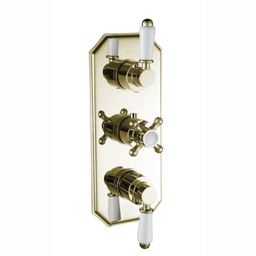 Regent traditional crosshead and white lever concealed thermostatic triple shower valve with 2 outlets - English gold - Showers