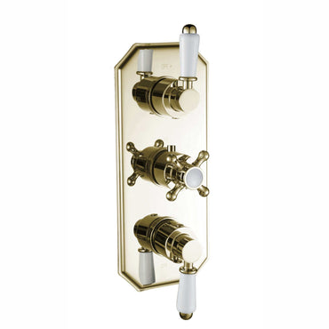 Buy Regent traditional crosshead and white lever concealed thermostatic triple shower valve with 3 outlets - gold Online UK | HOUSE OF ENKI