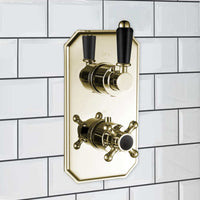 Buy Regent traditional crosshead and black lever concealed thermostatic twin shower valve with 1 outlet - gold Online UK | HOUSE OF ENKI