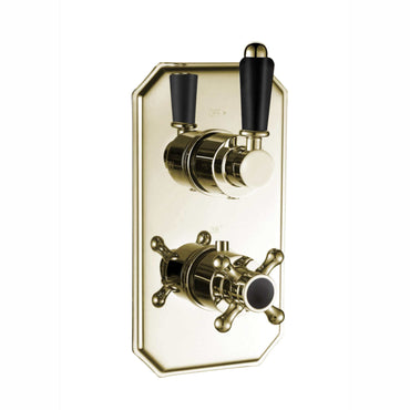 Buy Regent traditional crosshead and black lever concealed thermostatic twin shower valve with 1 outlet - gold Online UK | HOUSE OF ENKI