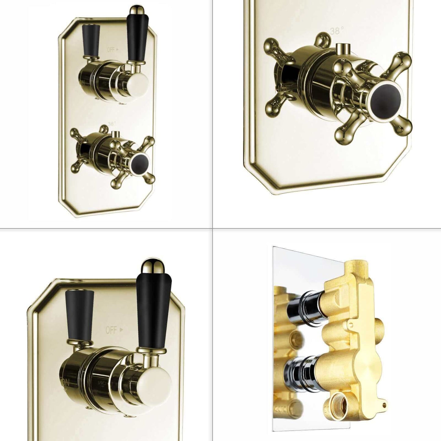 Buy Regent traditional crosshead and black lever concealed thermostatic twin shower valve with 1 outlet - gold Online UK | HOUSE OF ENKI