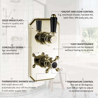 Buy Regent traditional crosshead and black lever concealed thermostatic twin shower valve with 1 outlet - gold Online UK | HOUSE OF ENKI