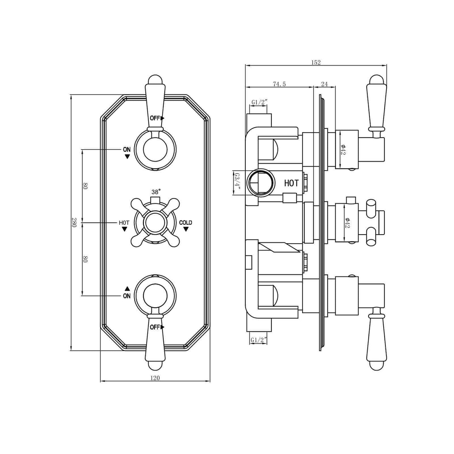 Buy Regent traditional crosshead and black lever concealed thermostatic triple shower valve with 2 outlets - gold online UK