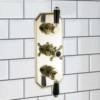 Regent traditional crosshead and black lever concealed thermostatic triple shower valve with 3 outlets - English gold - Showers