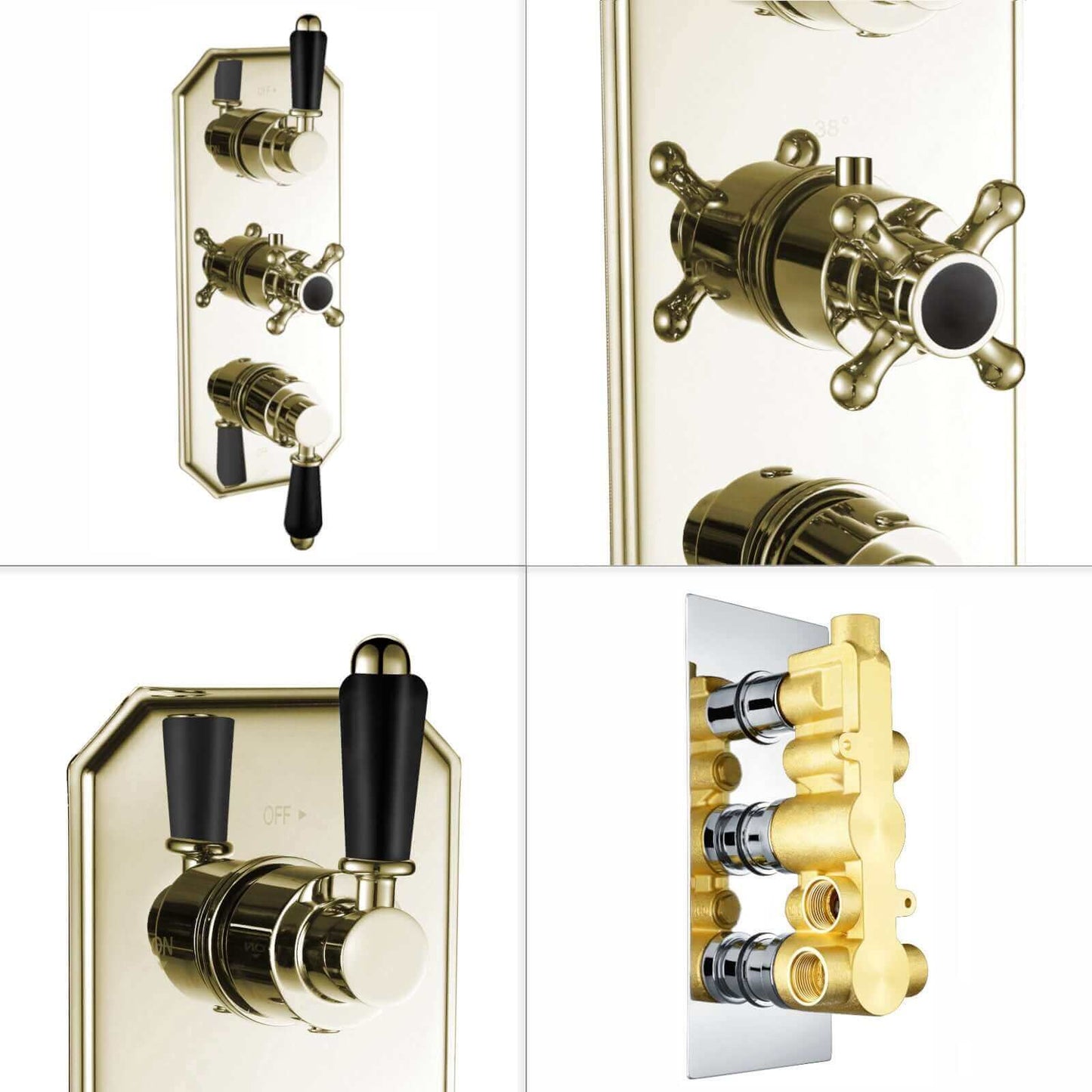 Buy Regent traditional crosshead and black lever concealed thermostatic triple shower valve with 3 outlets - gold Online UK | HOUSE OF ENKI