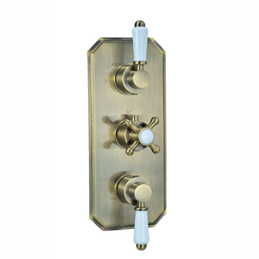 Buy Regent traditional crosshead and white lever concealed thermostatic triple shower valve with 2 outlets - antique brass Online UK | HOUSE OF ENKI