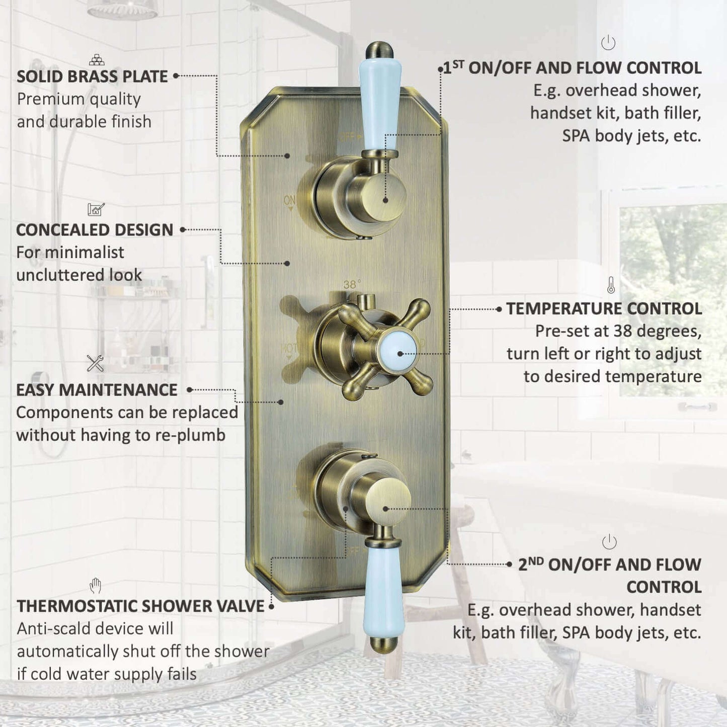 Buy Regent traditional crosshead and white lever concealed thermostatic triple shower valve with 2 outlets - antique brass Online UK | HOUSE OF ENKI