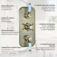 Regent traditional crosshead and white lever concealed thermostatic triple shower valve with 2 outlets - antique bronze - Showers