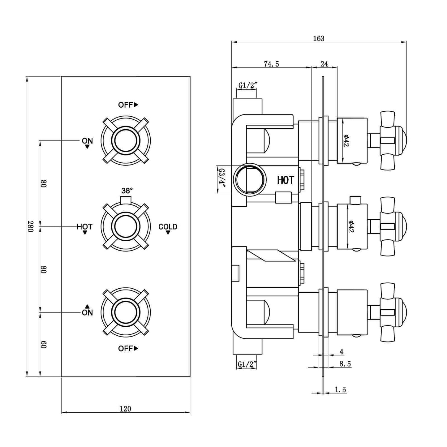 Buy Edwardian traditional crosshead and white detail concealed thermostatic triple shower valve with 2 outlets - chrome online UK