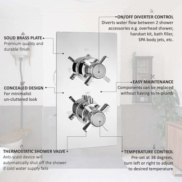 Buy Edwardian traditional crosshead and white detail concealed thermostatic twin shower valve with 2 outlets - chrome Online UK | HOUSE OF ENKI