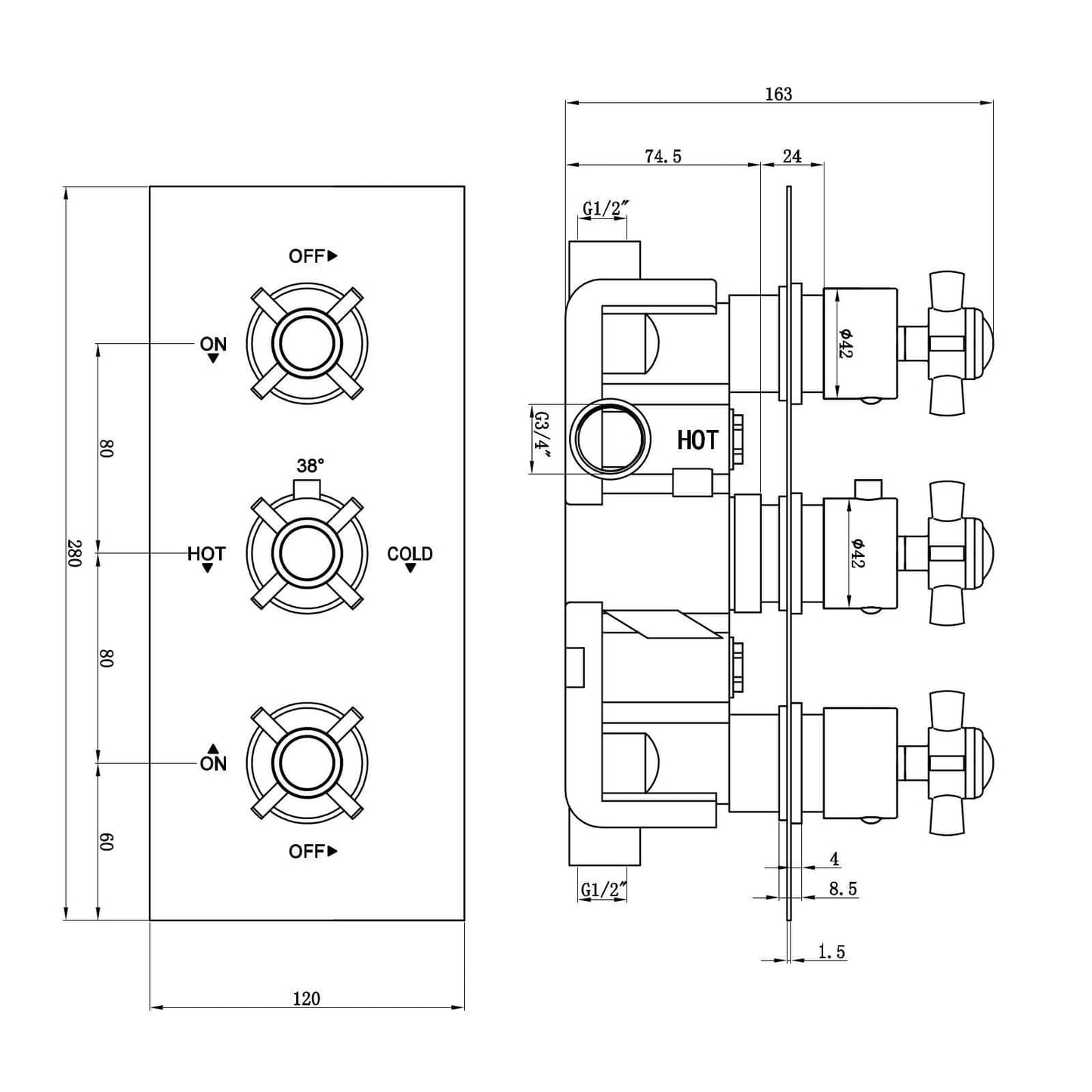 Buy Edwardian traditional crosshead and white detail concealed thermostatic triple shower valve with 2 outlets - gold online UK
