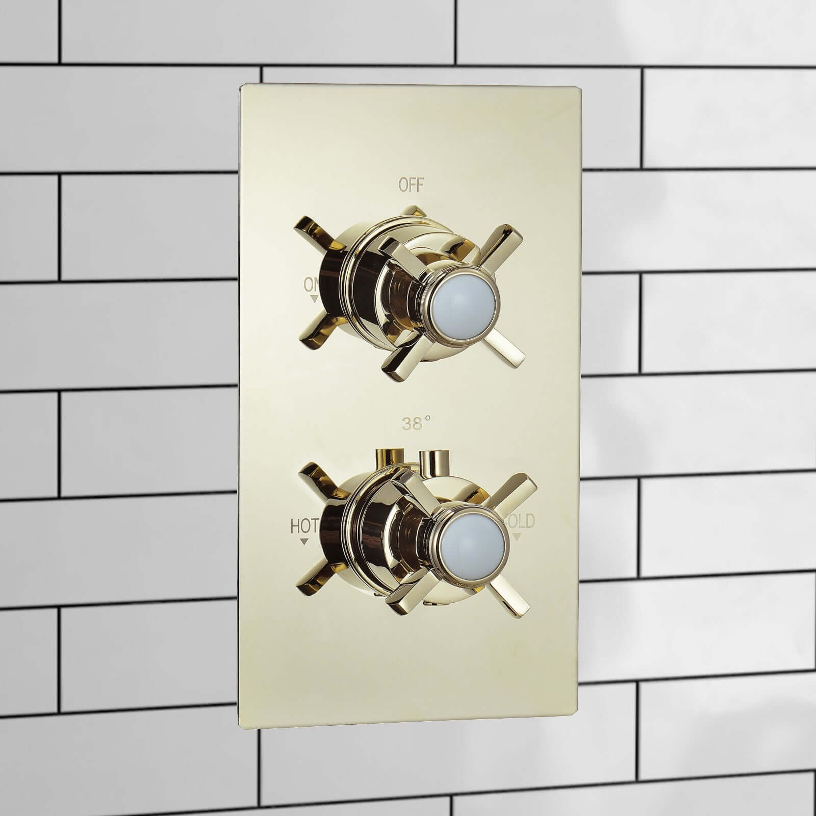 Buy Edwardian traditional crosshead and white detail concealed thermostatic twin shower valve with 2 outlets - gold Online UK | HOUSE OF ENKI