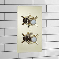 Buy Edwardian traditional crosshead and white detail concealed thermostatic twin shower valve with 2 outlets - gold Online UK | HOUSE OF ENKI