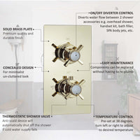 Edward traditional crosshead and white detail concealed thermostatic twin shower valve with 2 outlets - English gold - Showers