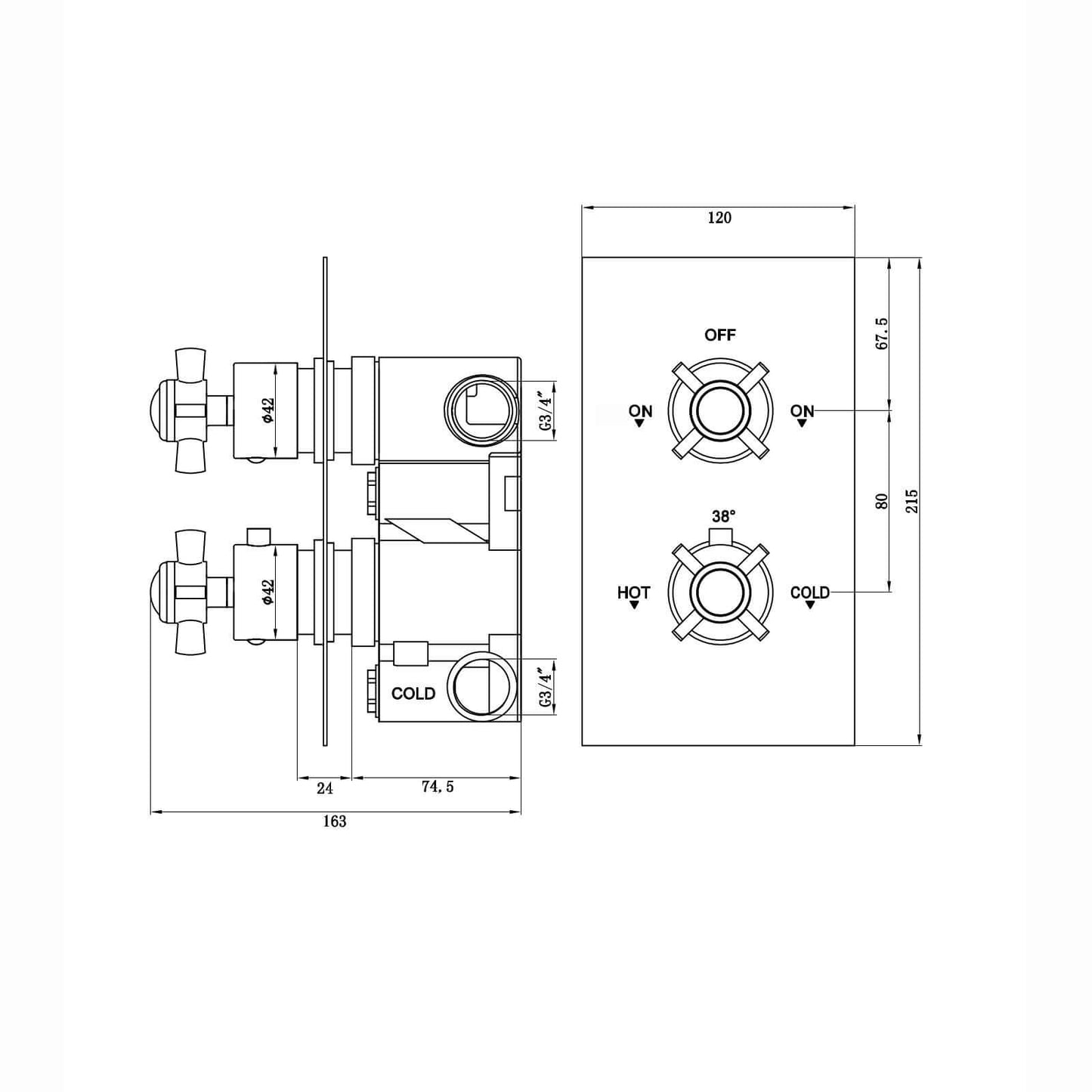 Edward traditional crosshead and white detail concealed thermostatic twin shower valve with 2 outlets - English gold - Showers