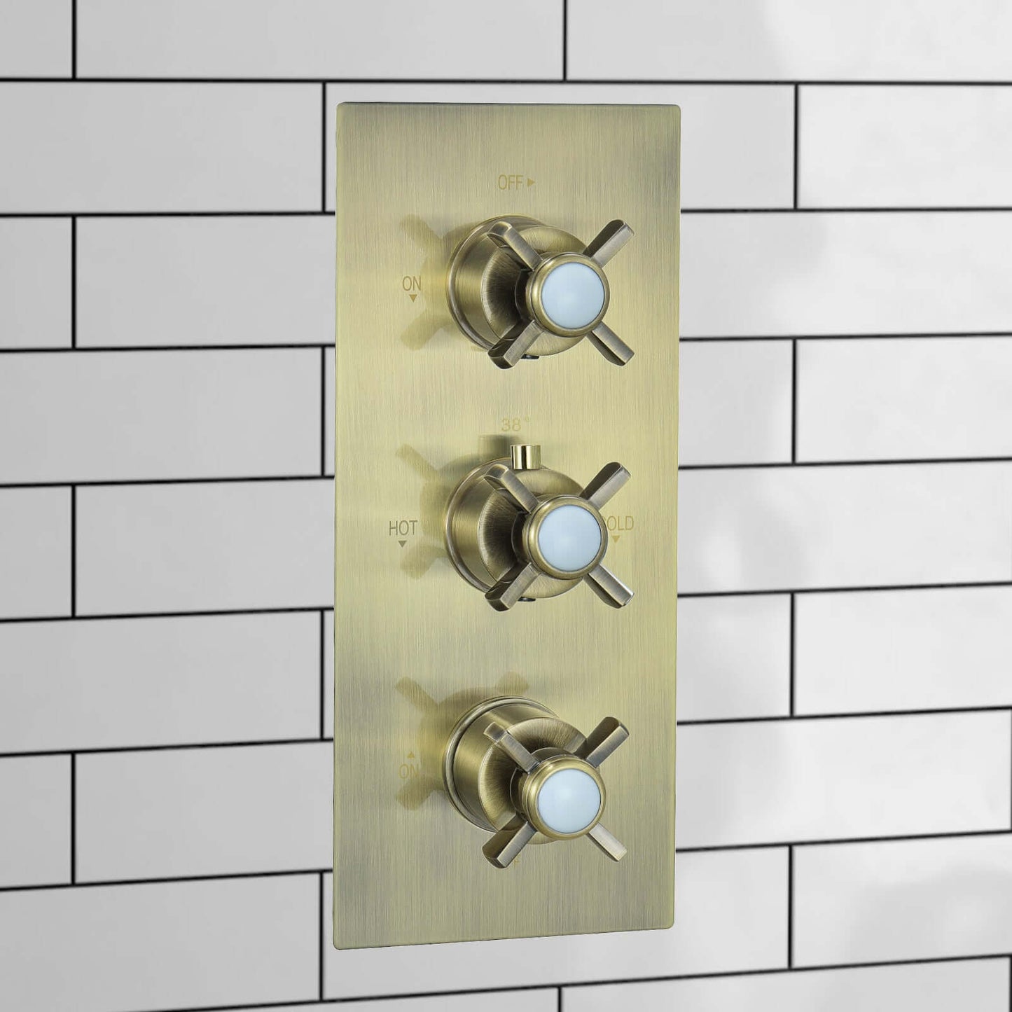 Buy Edwardian traditional crosshead and white details concealed thermostatic triple shower valve with 3 outlets - antique brass Online UK | HOUSE OF ENKI