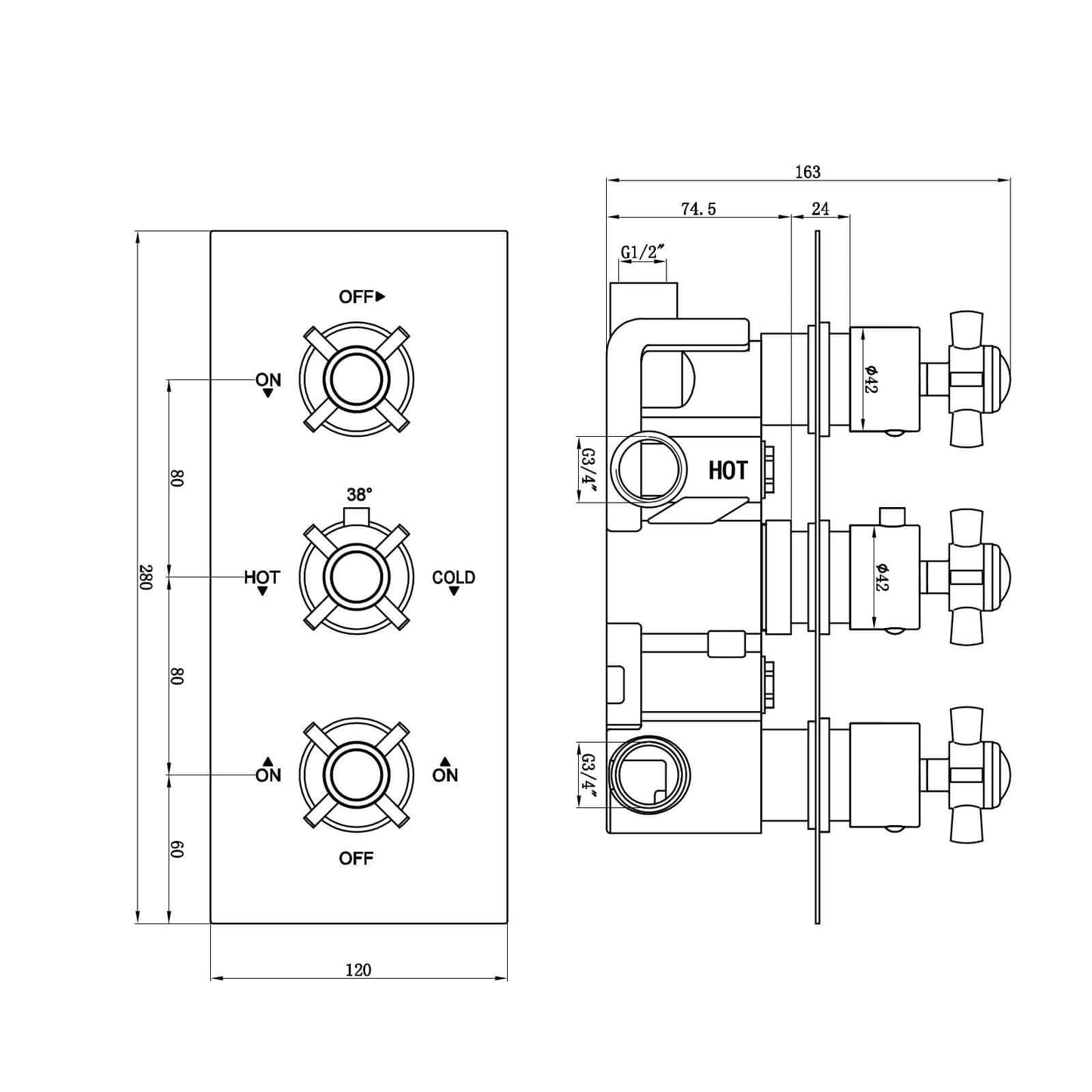 Buy Edwardian traditional crosshead and white details concealed thermostatic triple shower valve with 3 outlets - antique brass Online UK | HOUSE OF ENKI