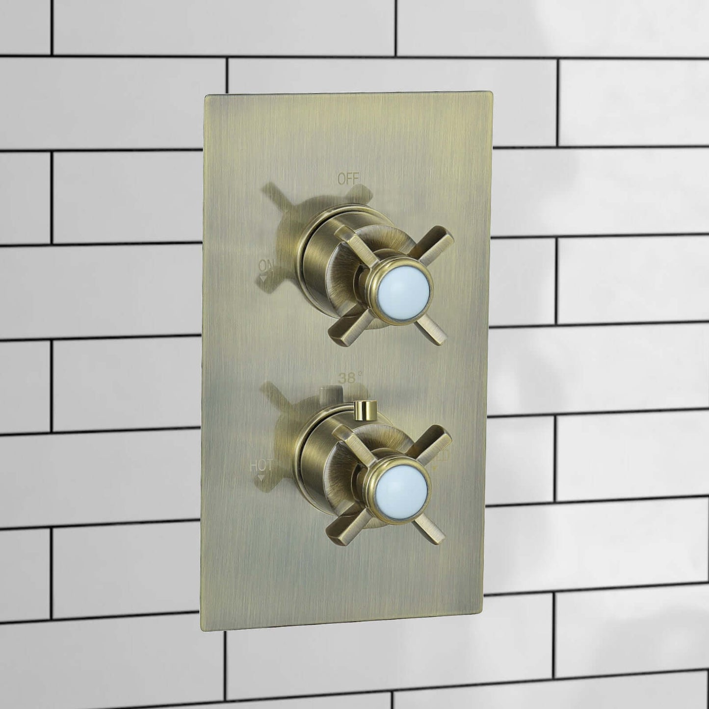 Buy Edwardian traditional crosshead and white detail concealed thermostatic twin shower valve with 2 outlets - antique brass Online UK | HOUSE OF ENKI