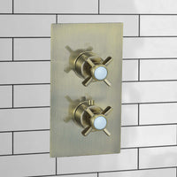 Edward traditional crosshead and white detail concealed thermostatic twin shower valve with 2 outlets - antique bronze - Showers