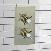Buy Edwardian traditional crosshead and white detail concealed thermostatic twin shower valve with 2 outlets - antique brass Online UK | HOUSE OF ENKI
