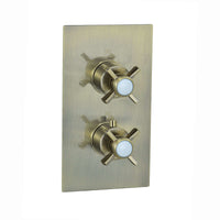 Buy Edwardian traditional crosshead and white detail concealed thermostatic twin shower valve with 2 outlets - antique brass Online UK | HOUSE OF ENKI