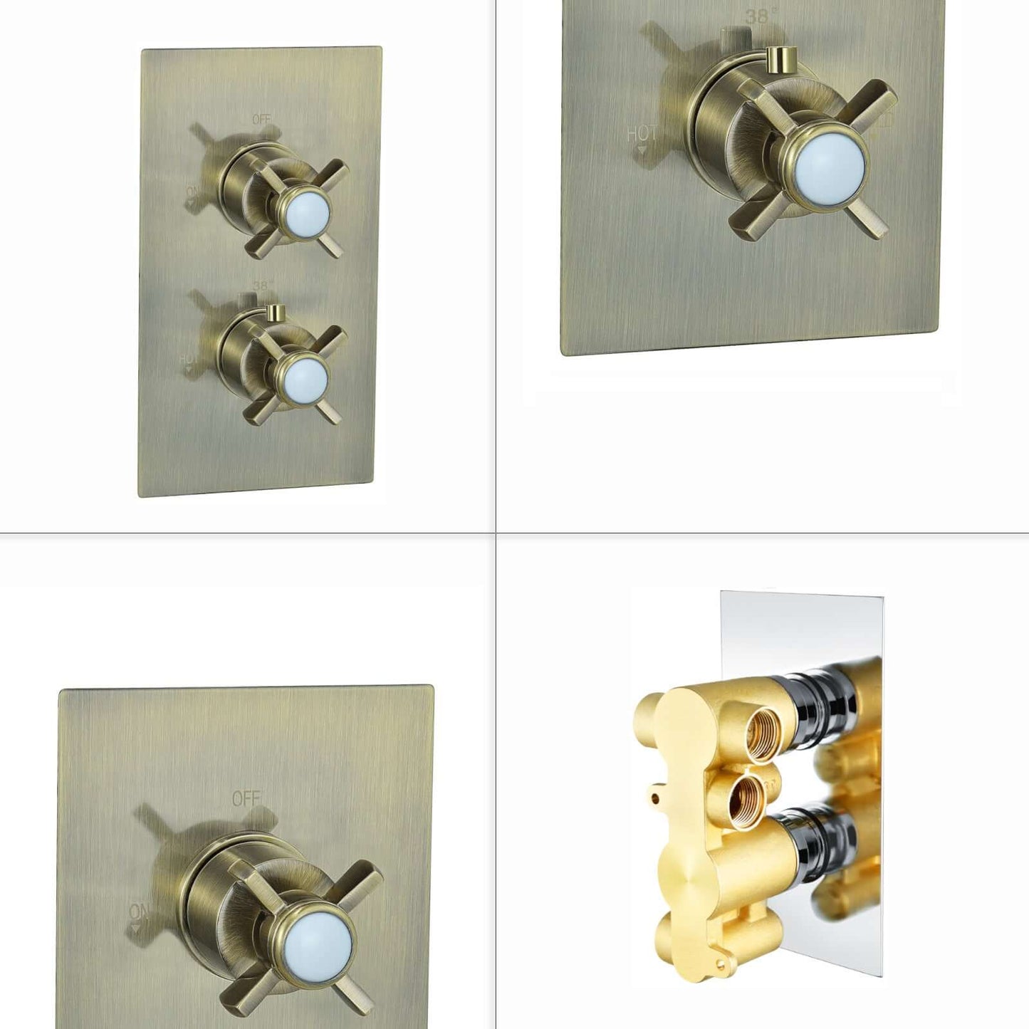 Buy Edwardian traditional crosshead and white detail concealed thermostatic twin shower valve with 2 outlets - antique brass Online UK | HOUSE OF ENKI