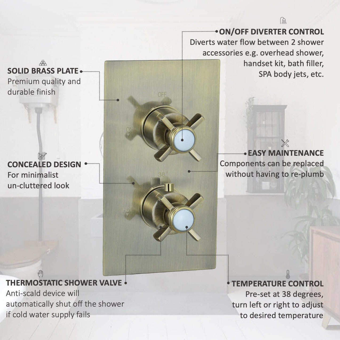 Buy Edwardian traditional crosshead and white detail concealed thermostatic twin shower valve with 2 outlets - antique brass Online UK | HOUSE OF ENKI