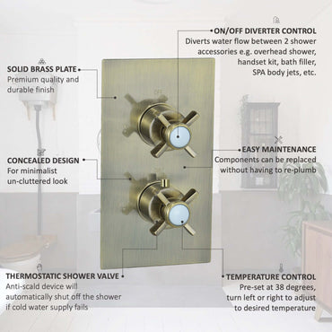 Buy Edwardian traditional crosshead and white detail concealed thermostatic twin shower valve with 2 outlets - antique brass Online UK | HOUSE OF ENKI