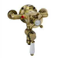 Buy Downton Exposed Traditional Thermostatic Shower Set Incl. Twin Shower Valve And Slider Rail Kit, Soap Holder - Antique Brass Online UK | HOUSE OF ENKI