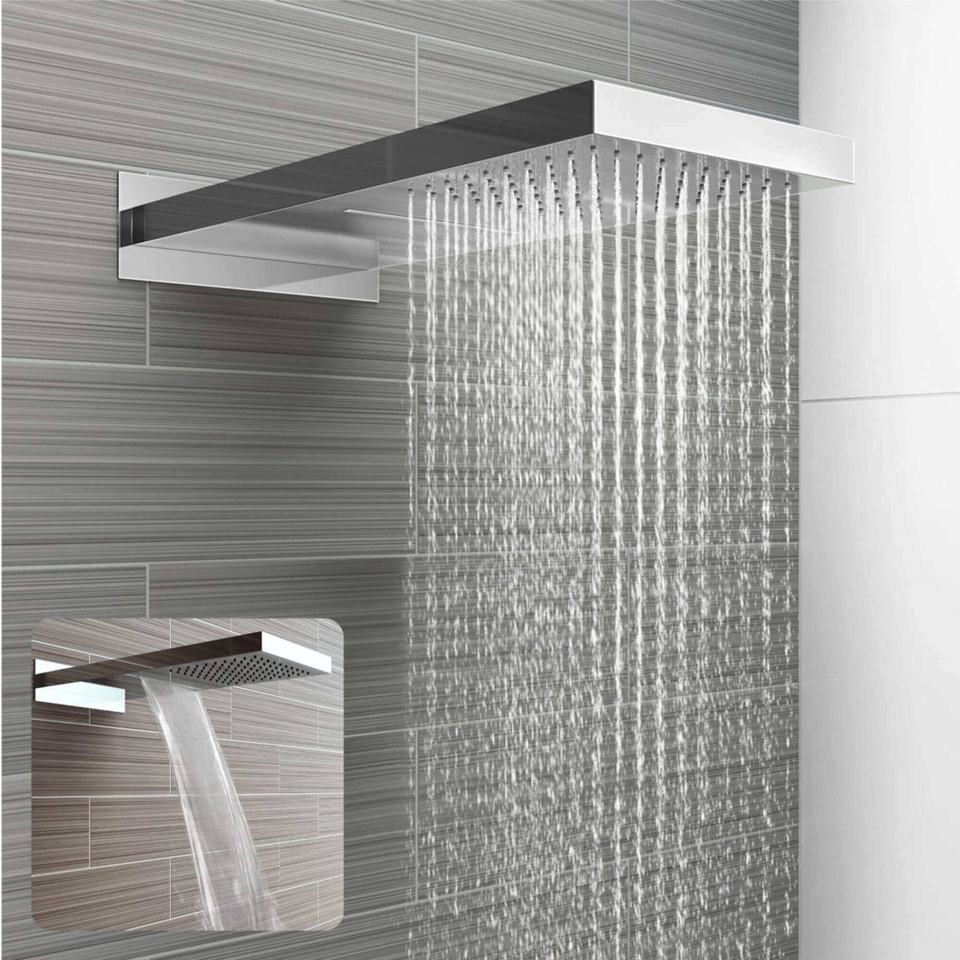 Buy Rectangular dual fixed shower head (waterfall + rainfall) 575 x 230mm - chrome Online UK | HOUSE OF ENKI