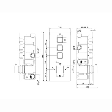 Buy Milan square push button concealed thermostatic triple shower valve with 3 outlets - black Online UK | HOUSE OF ENKI