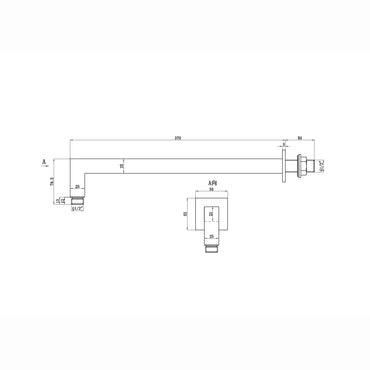 Square wall mounted 90 degree bend shower arm 370mm - gunmetal grey