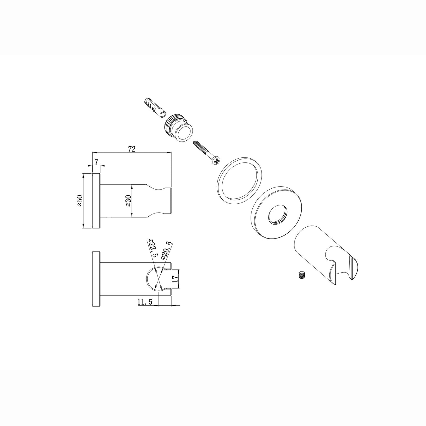 Round wall bracket for shower heads solid brass - gunmetal grey