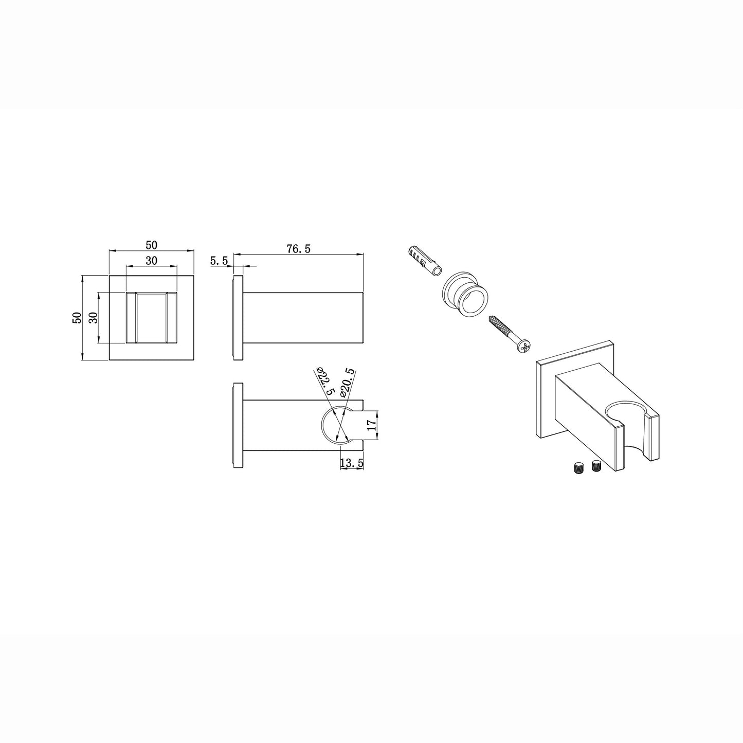 Square wall bracket for shower heads solid brass - gunmetal grey