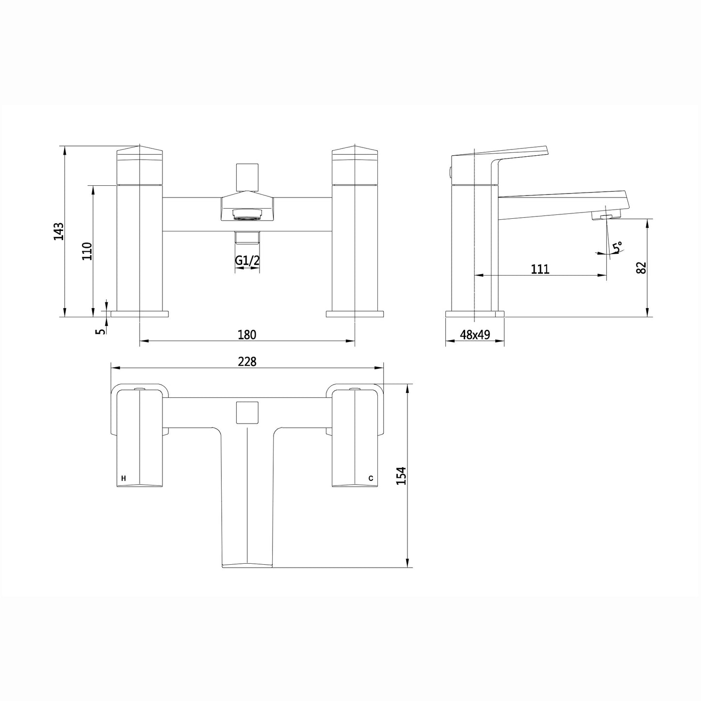 Milly bath shower mixer tap with dual rigid riser - matt black