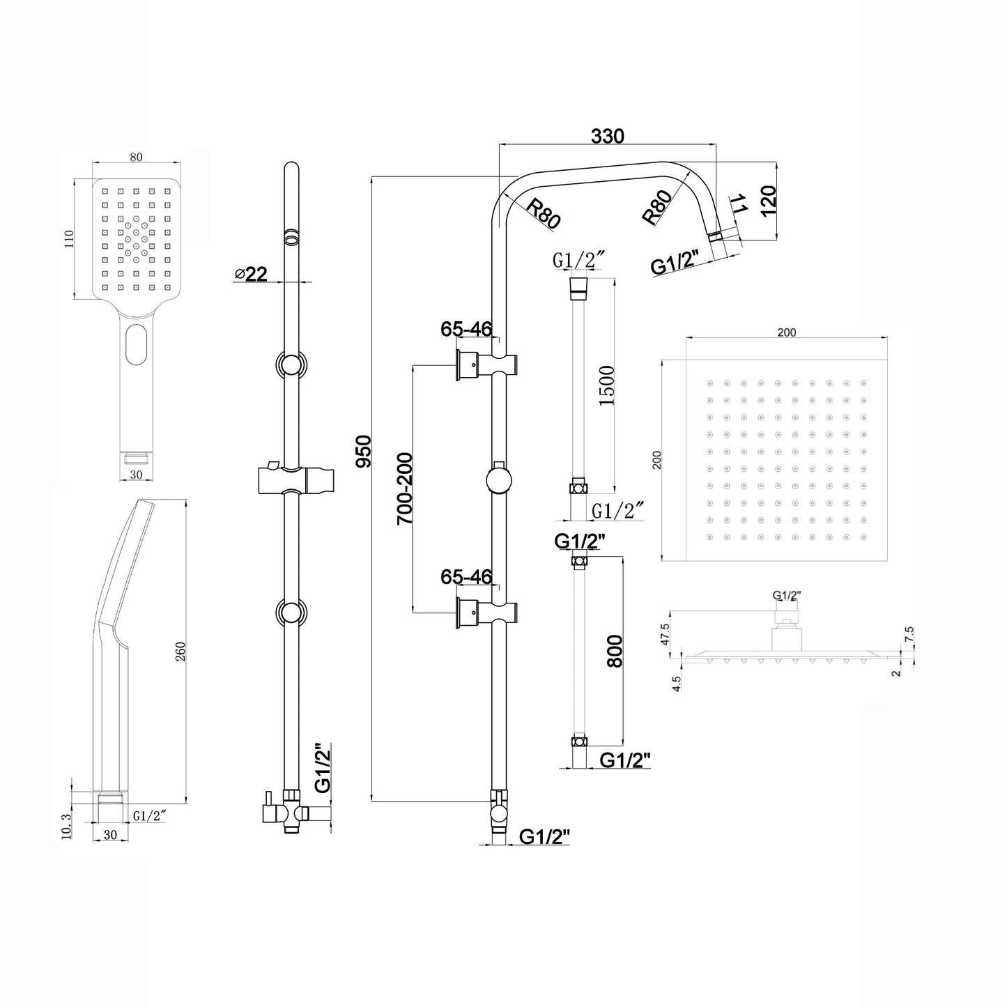 Milly bath shower mixer tap with dual rigid riser - matt black