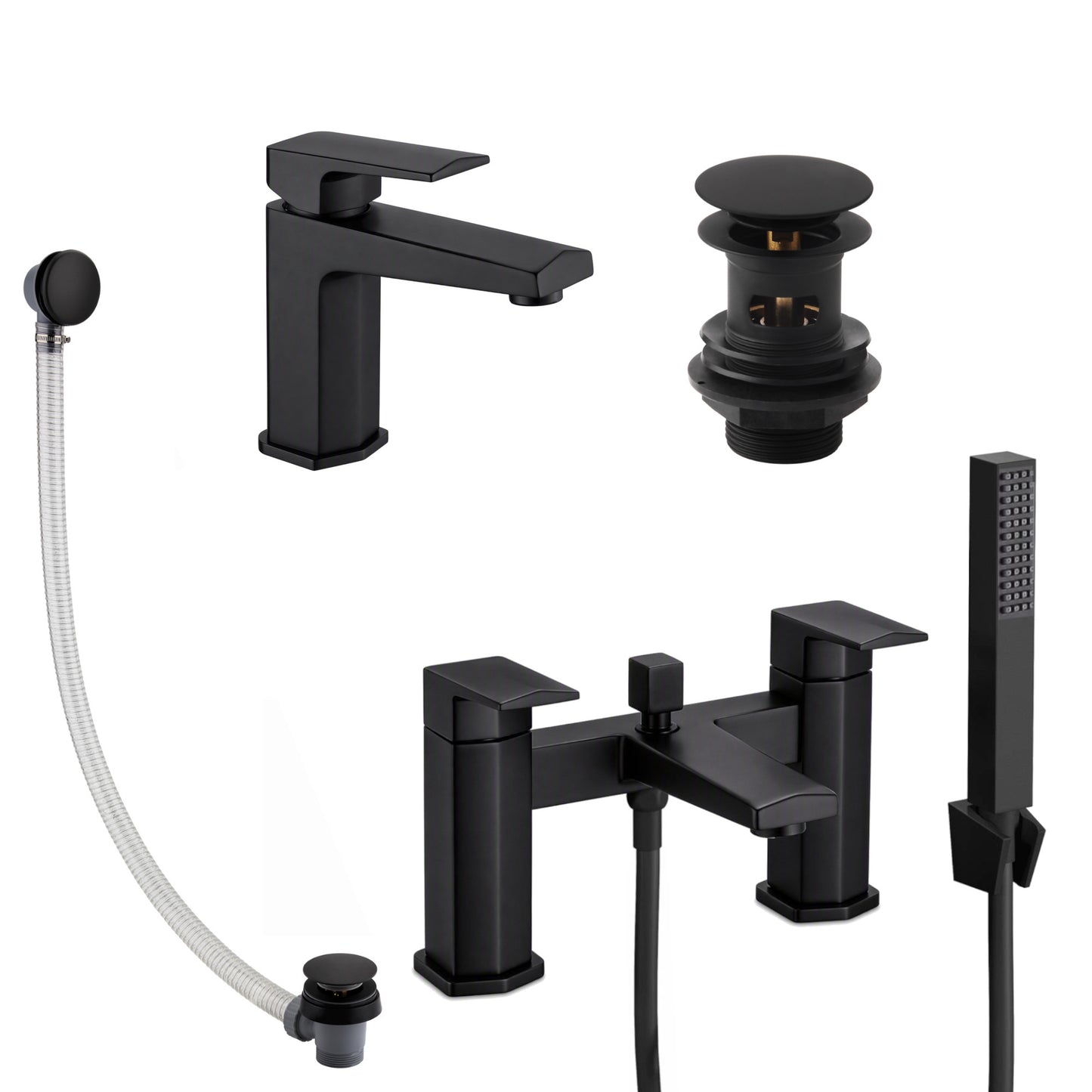 Milly geo inspired hexagonal basin + bath shower mixer tap pack with wastes - matt black