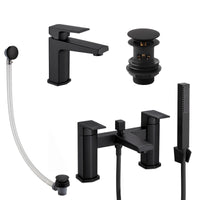 Milly geo inspired hexagonal basin + bath shower mixer tap pack with wastes - matt black