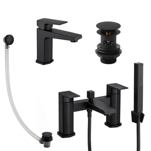 Milly geo inspired hexagonal basin + bath shower mixer tap pack with wastes - matt black
