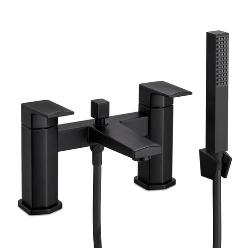 Milly geo inspired hexagonal basin + bath shower mixer tap pack with wastes - matt black