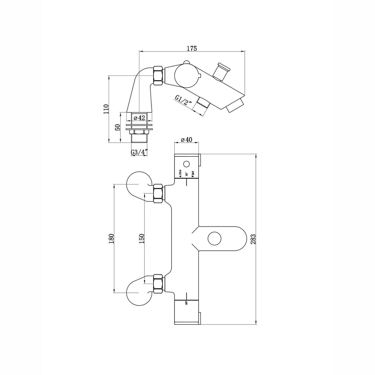 Dune thermostatic bar bath shower mixer valve with dual rigid riser kit, overhead rain shower and handheld - chrome