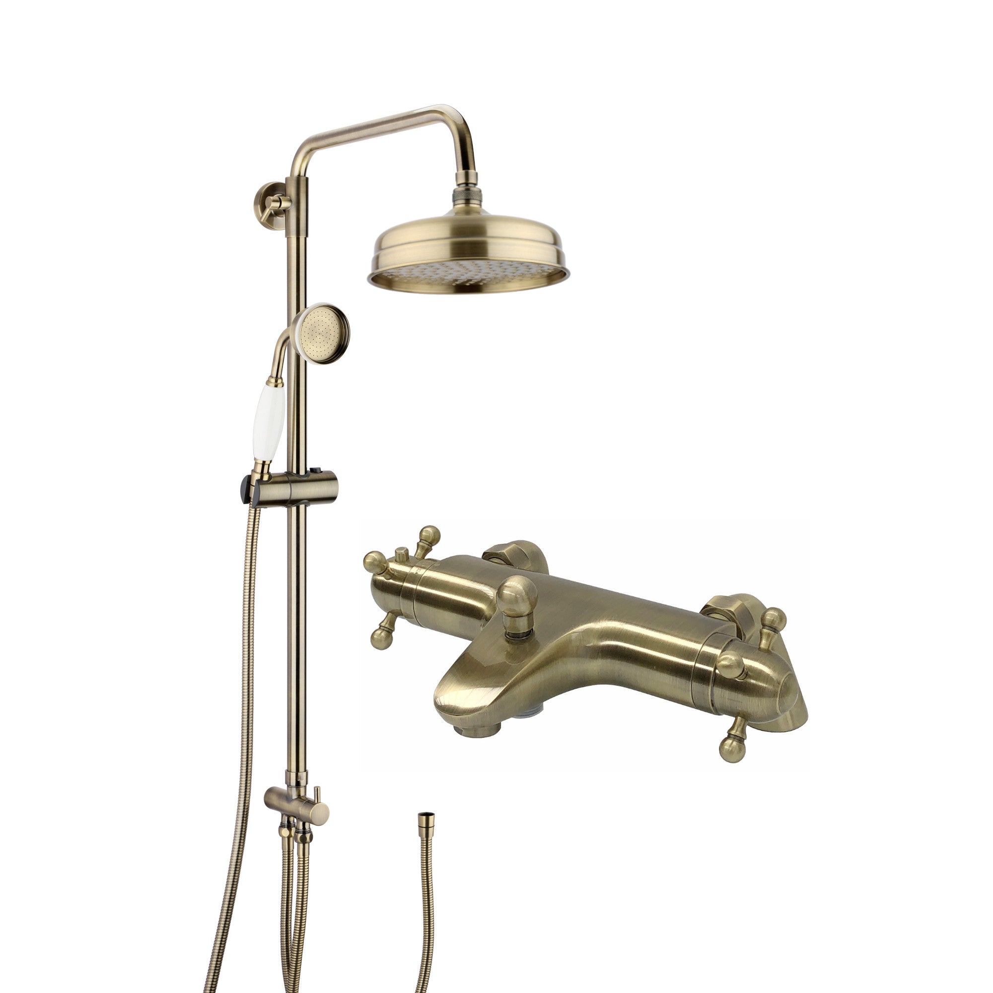Gallant thermostatic bath shower bar mixer valve deck mounted with dual rigid riser kit, overhead rain shower and handheld - antique brass