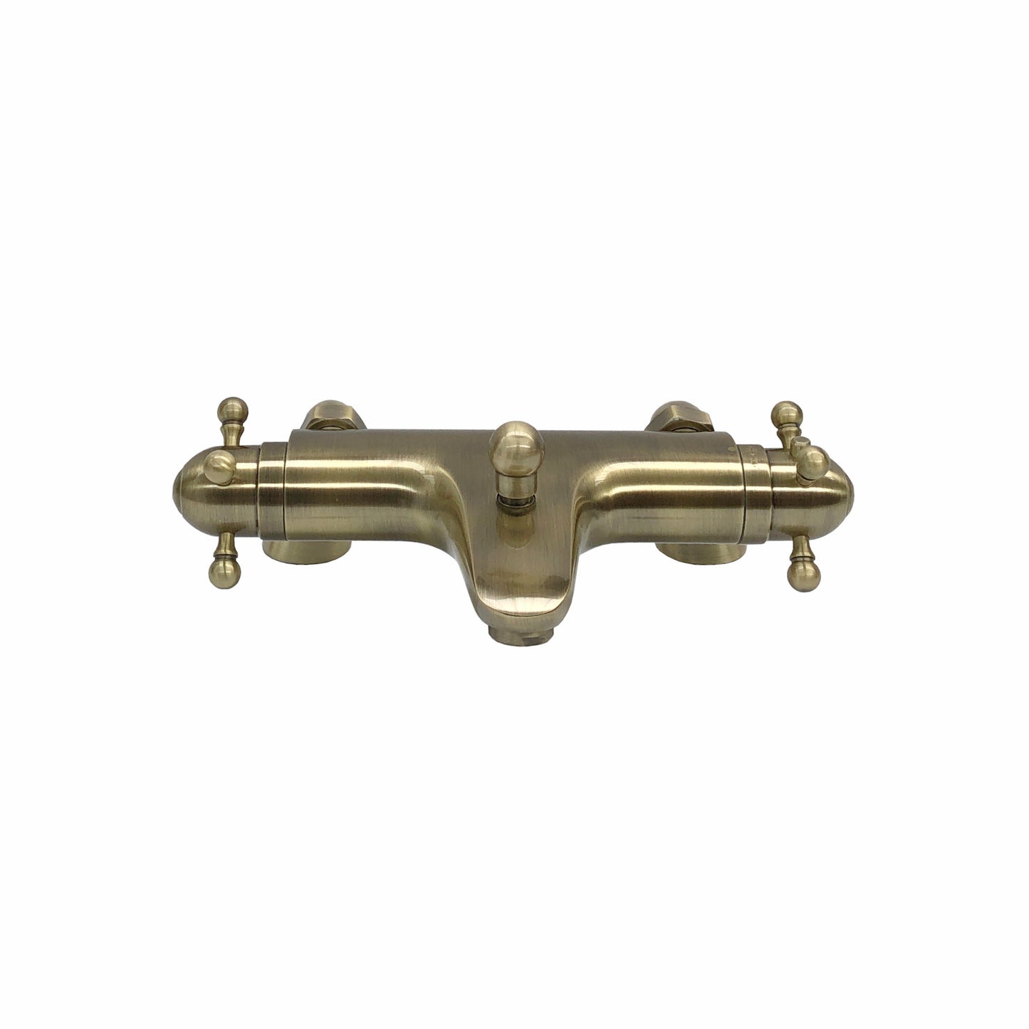 Gallant thermostatic bath shower bar mixer valve deck mounted with dual rigid riser kit, overhead rain shower and handheld - antique brass