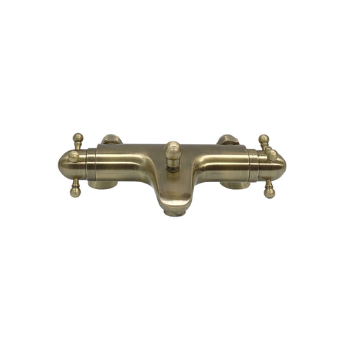 Buy Gallant thermostatic bath shower bar mixer valve deck mounted with dual rigid riser kit, overhead rain shower and handheld - antique brass online UK