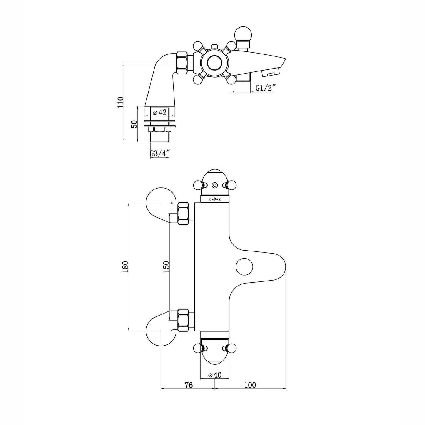 Gallant thermostatic bath shower bar mixer valve deck mounted with dual rigid riser kit, overhead rain shower and handheld - antique brass