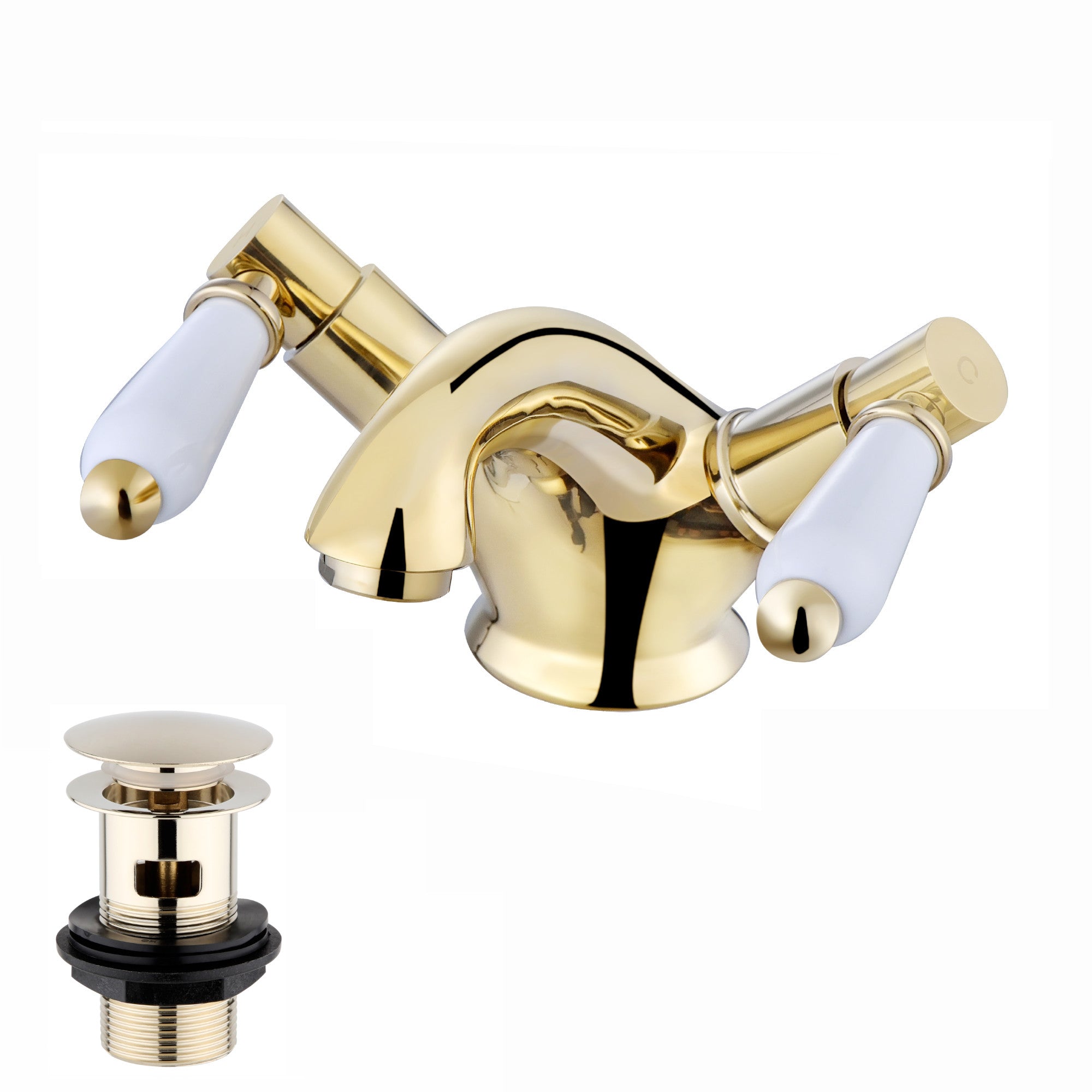 Downton basin mixer tap with white ceramic levers + slotted waste - gold