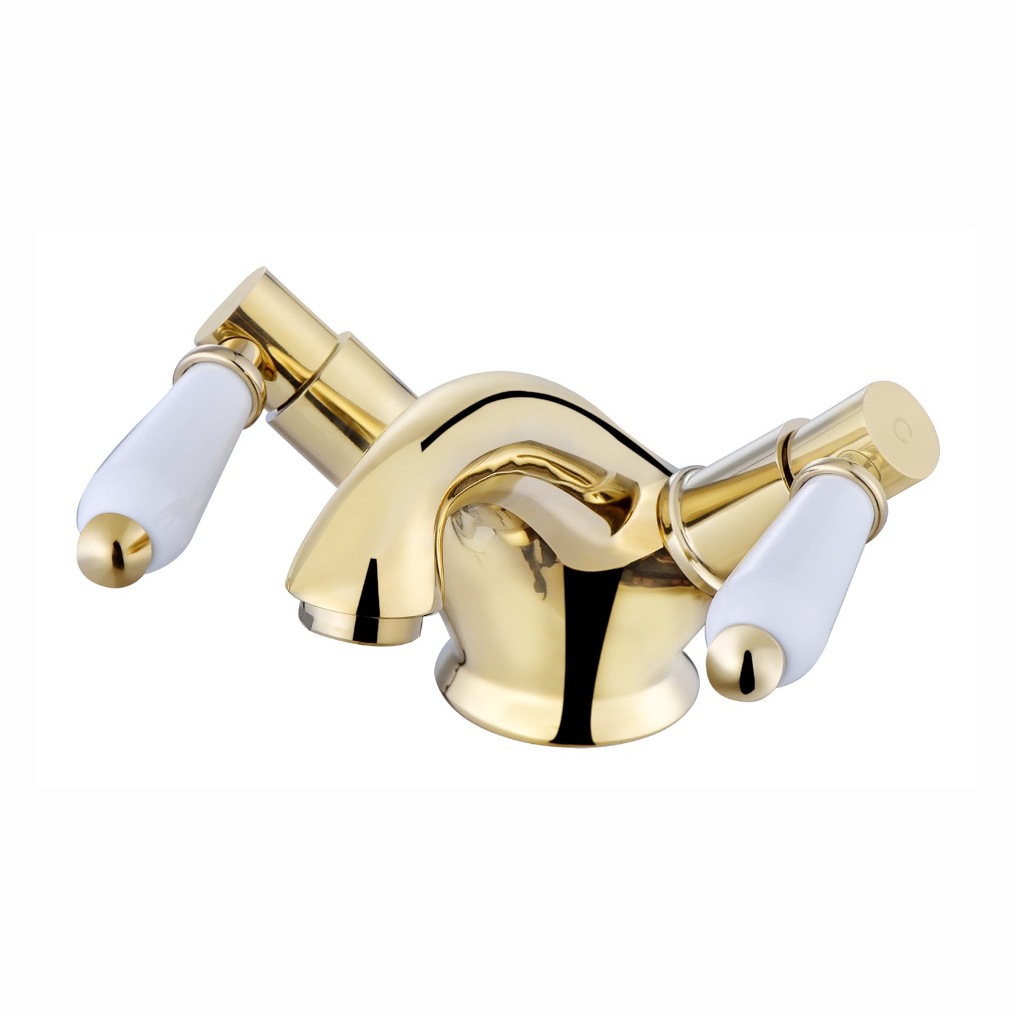 Downton basin mixer tap with white ceramic levers + slotted waste - gold