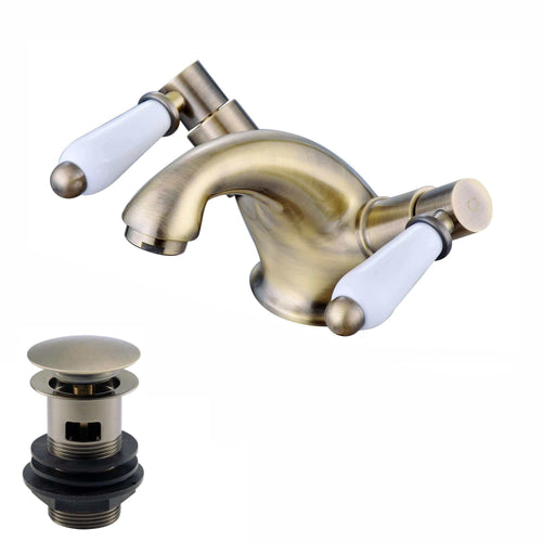 Buy Downton basin mixer tap with white ceramic levers + slotted waste - antique brass online UK